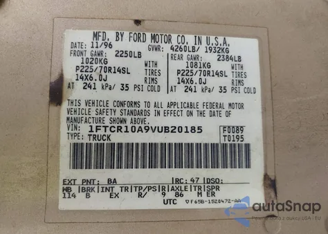 1997 Ford Ranger Splash/Xl/Xlt из США, поврежденный, VIN 1FTCR10A9VUB20185